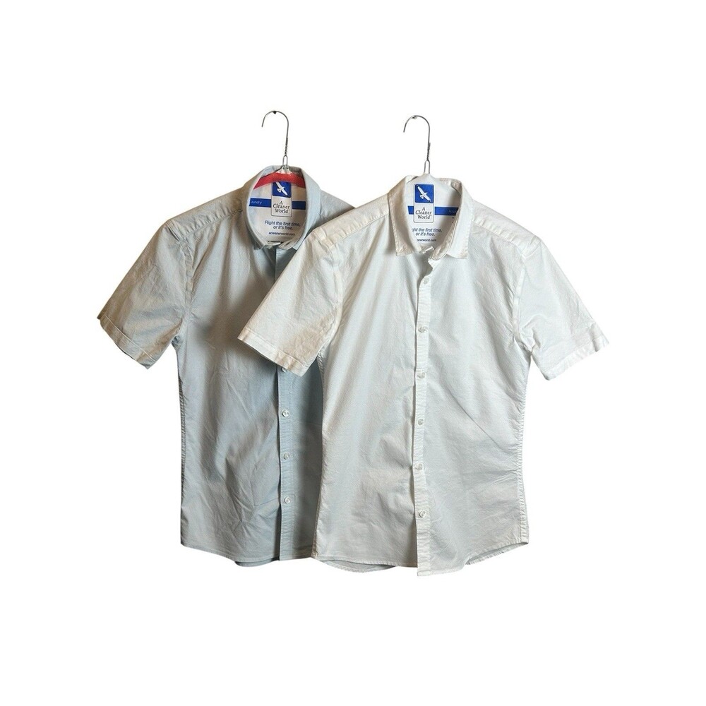 2 New Look White Blue Cotton Blend Short Sleeve Button Down Size S Muscle Fit